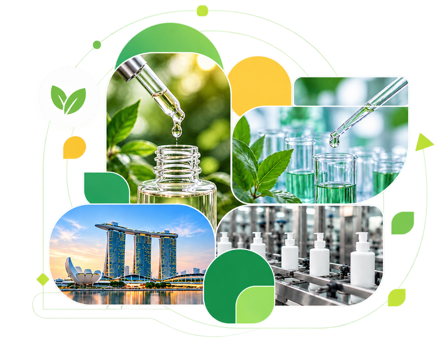 Biocomm bioscience: serum dropper, laboratory research, Singapore skyline and production line