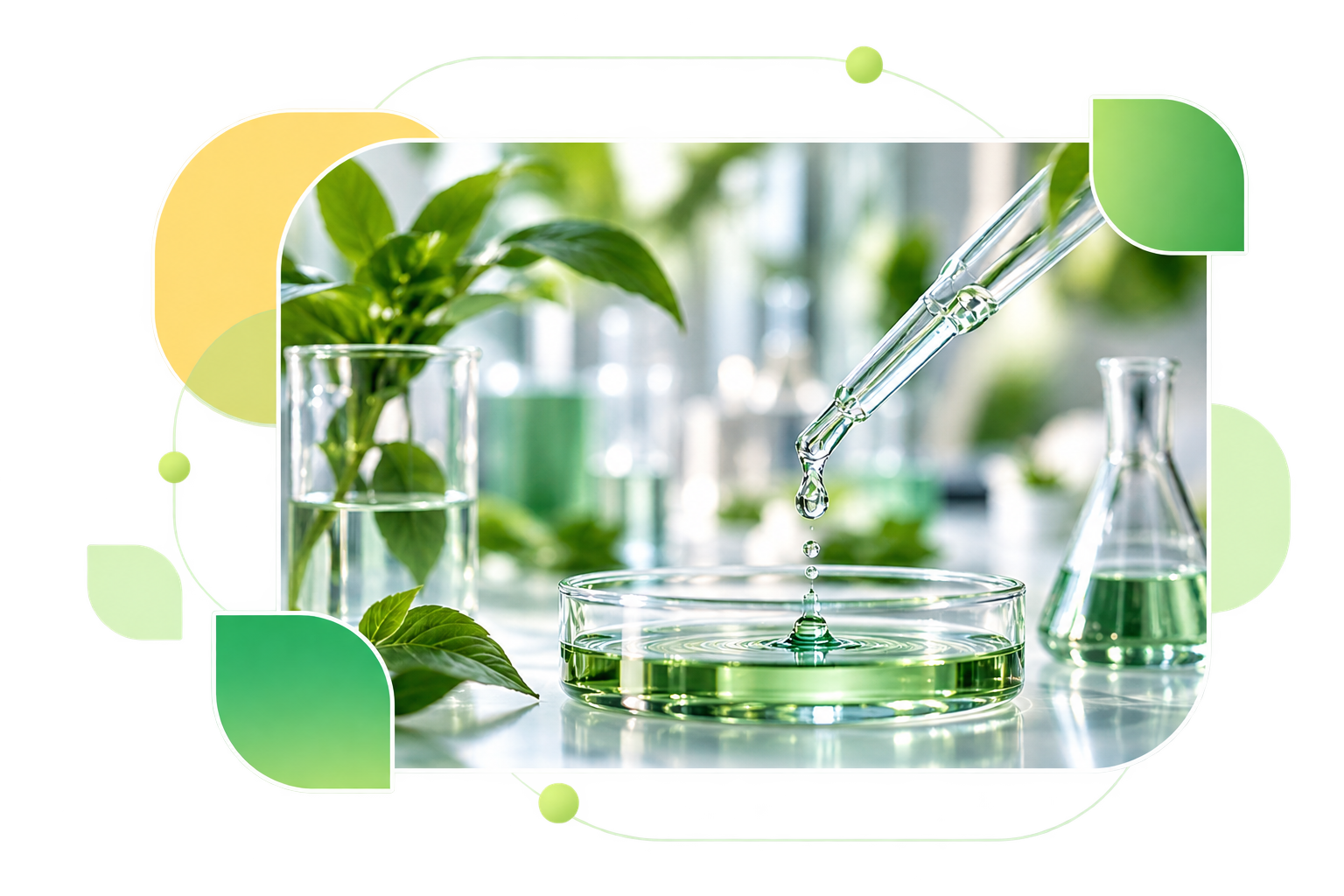 Pipette releasing a drop into a green formulation beside fresh leaves